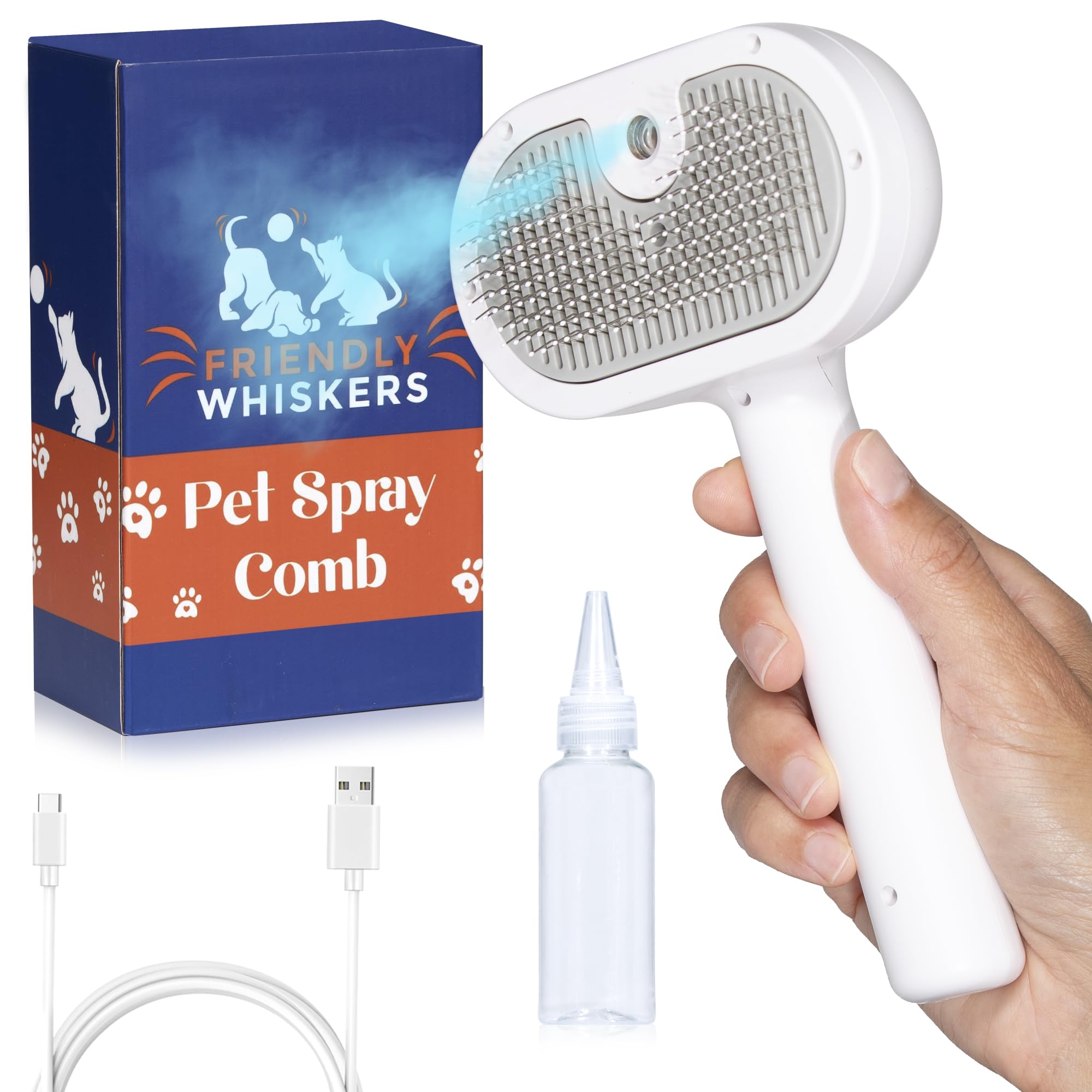 Friendly Whiskers Cat Steam Brush Dog Brush for Shedding. Use on Long & Short Haired Pets. Steam Brush for Dogs. Cat Brush making Cat Grooming simple and easy. Self-Cleaning Pet Comb with Water Tank